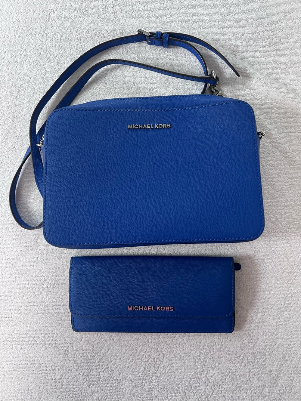 NWOT- Michael Kors Blue Saffiano Crossbody Bag w/ Matching Wallet